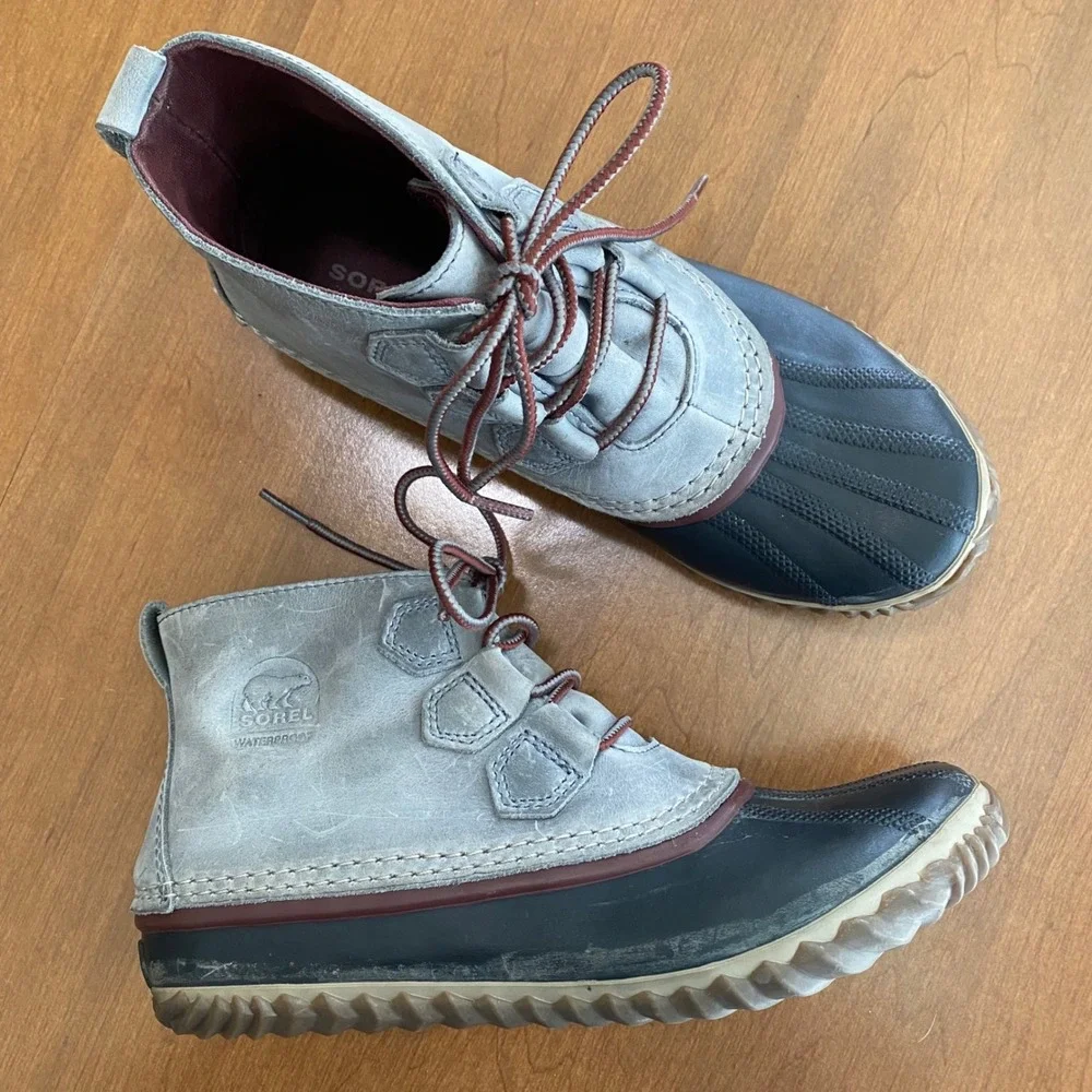 Sorel Out N About Leather Duck Boots Quarry Grey Black Waterproof NL2133-052 8.5